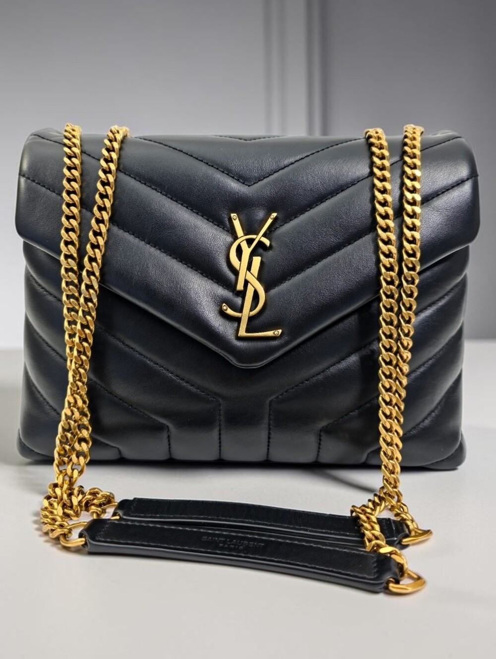 Saint Laurent Black Quilted Leather Loulou Chain Crossbody with Gold Hardware